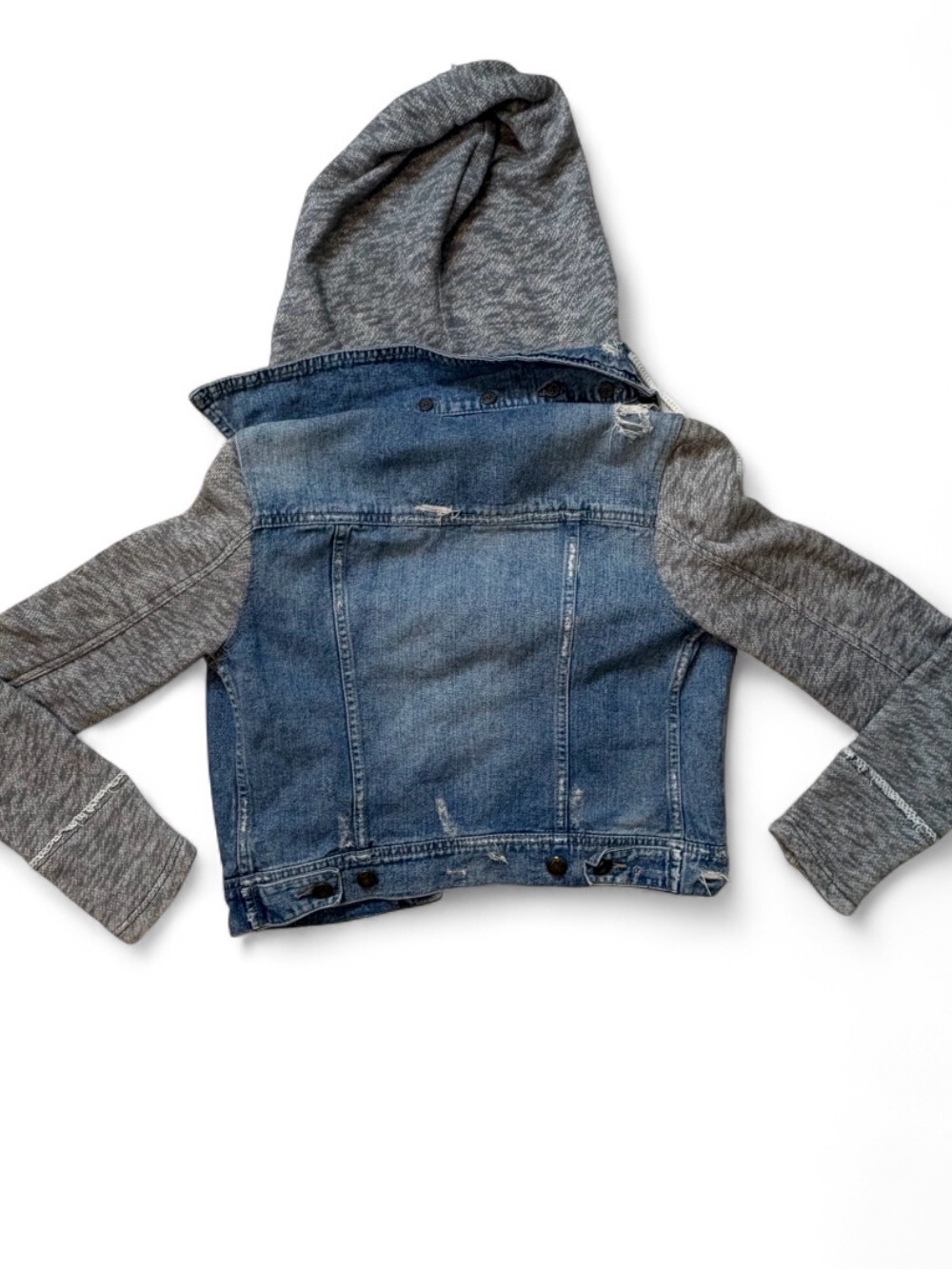 Free People Denim Knit Hooded Jean Jacket XS Medium Wash Blue Distressed - Picture 2 of 5